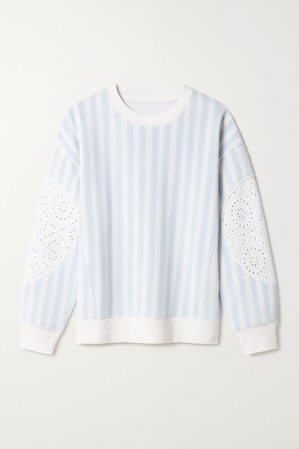 Blue Stripe & Lace Sleeve Crewneck