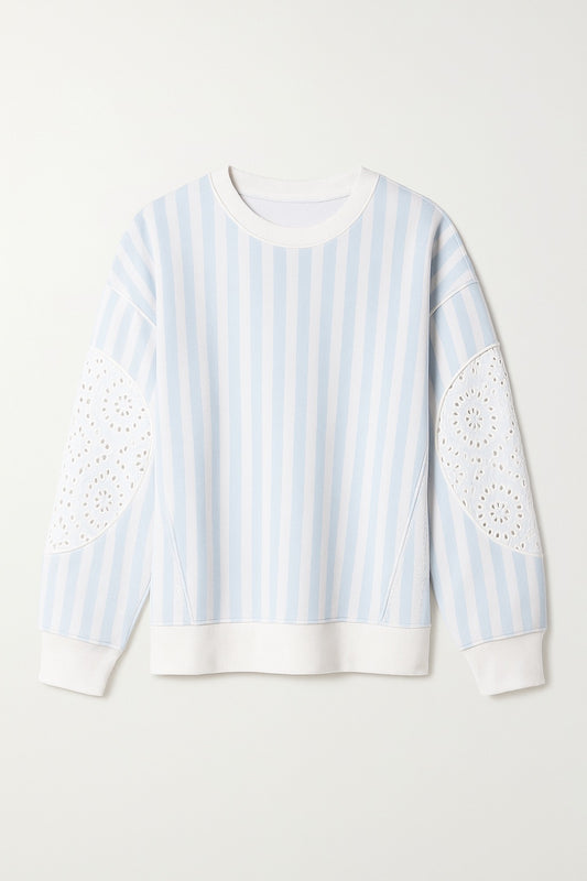 Blue Stripe & Lace Sleeve Crewneck